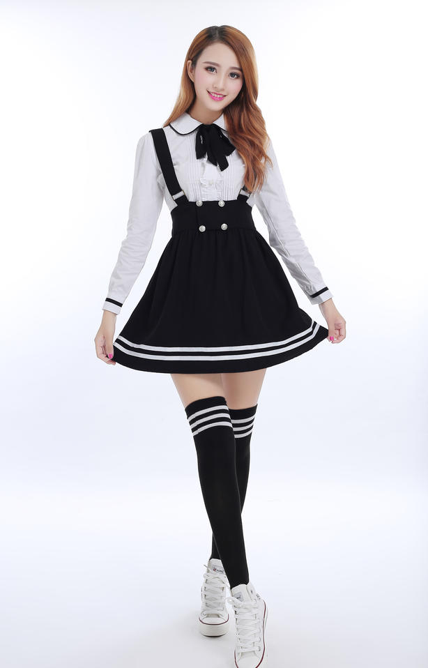 Japanese School Uniform for girls Students Class Sweet Clothes Plus size Navy Straps skirt +White Shirt +Stocking 3 Pcs / Set Image