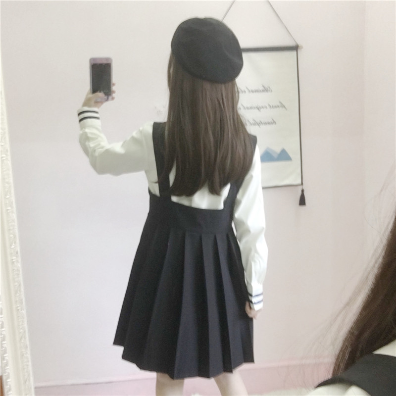 Japanese College JK Uniforms Long-Sleeved Shirt Pleated Suspender Dress Two-Piece Suit Female  school girl uniform Image
