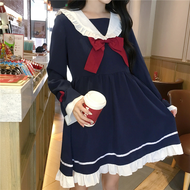 Summer Girl Cartoon Blue White Sailor Collar Dresses School Uniform Girls Preppy Cute Tie Short Sleeve Casual Dress Image