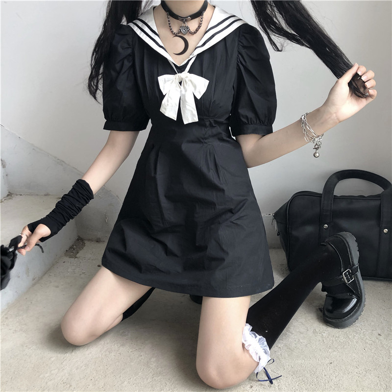 Japanese College Sailor Collar Puff Sleeve High Waist Slimming Sailor Suit JK Dress Female 2020 Summer japanese school uniform Image