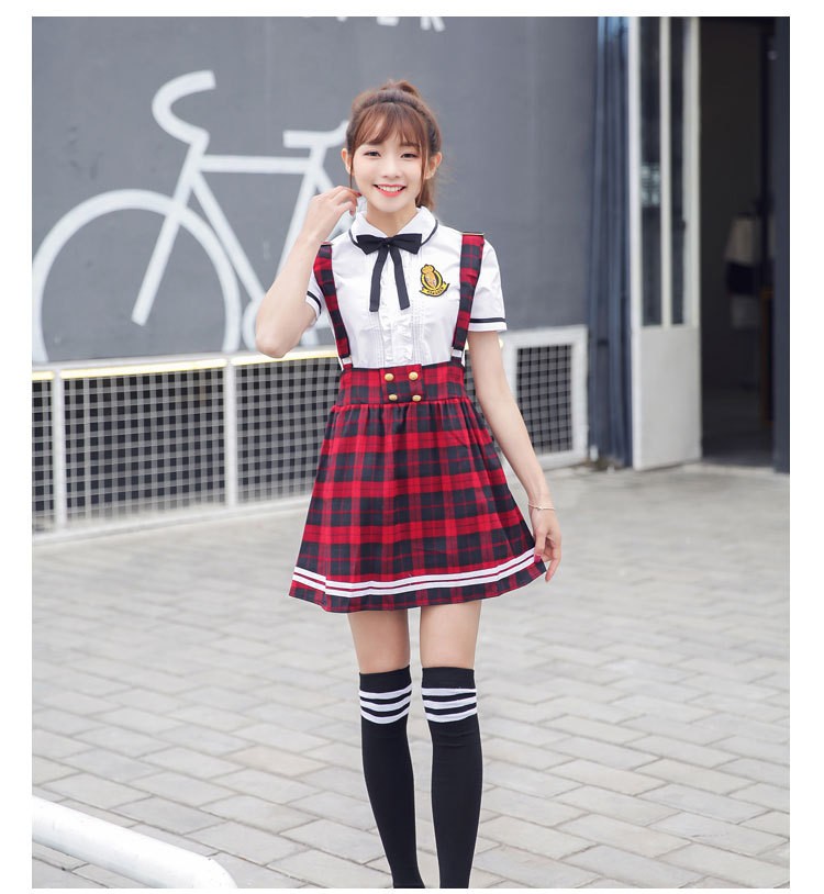 Hot Korean School Uniform Girls Jk Navy Sailor Suit For Women Japanese School Uniform Cotton White Shirt + Plaid Straps Skirt Image