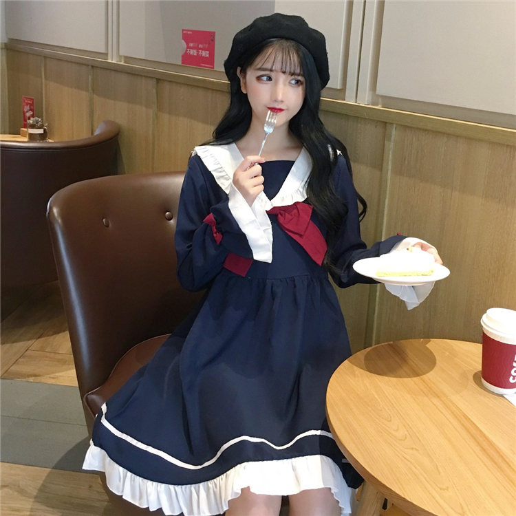 Summer Girl Cartoon Blue White Sailor Collar Dresses School Uniform Girls Preppy Cute Tie Short Sleeve Casual Dress Image
