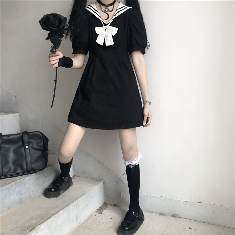 Japanese College Sailor Collar Puff Sleeve High Waist Slimming Sailor Suit JK Dress Female 2020 Summer japanese school uniform Image