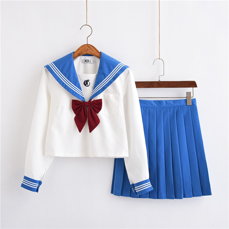 Light Blue Japanese Uniform For School Girls Long Sleeve Sailor Shirt Pleated Skirt Set College Middle High School Uniforms Image