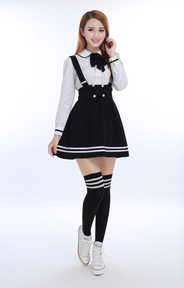 Japanese School Uniform for girls Students Class Sweet Clothes Plus size Navy Straps skirt +White Shirt +Stocking 3 Pcs / Set Image