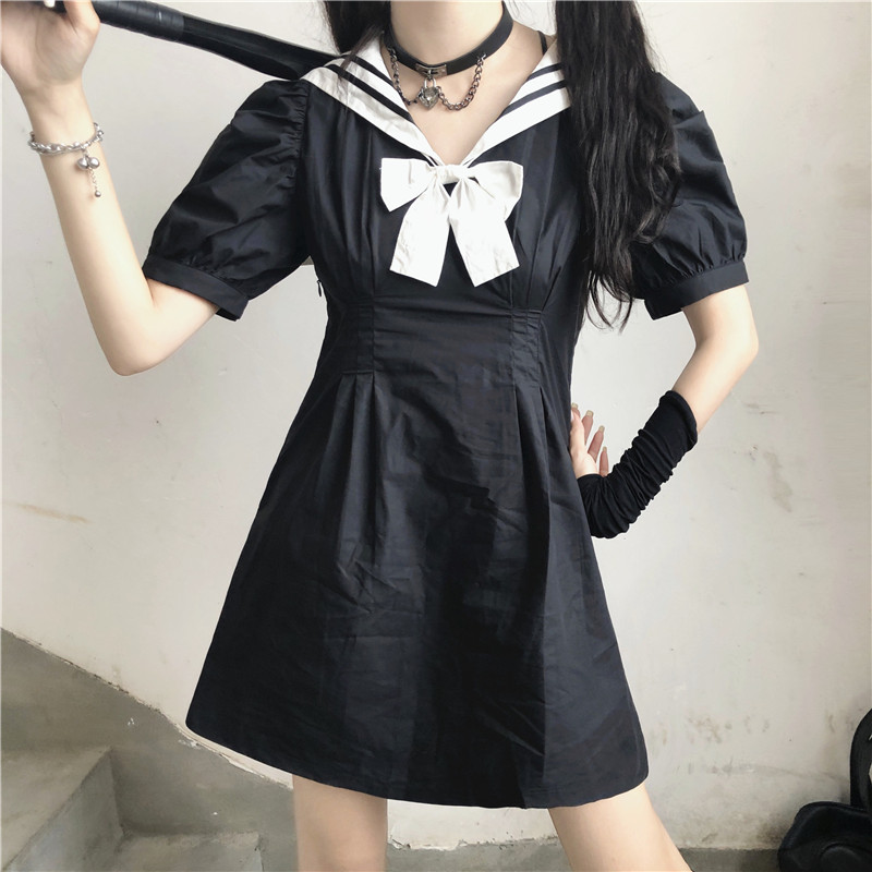 Japanese College Sailor Collar Puff Sleeve High Waist Slimming Sailor Suit JK Dress Female 2020 Summer japanese school uniform Image