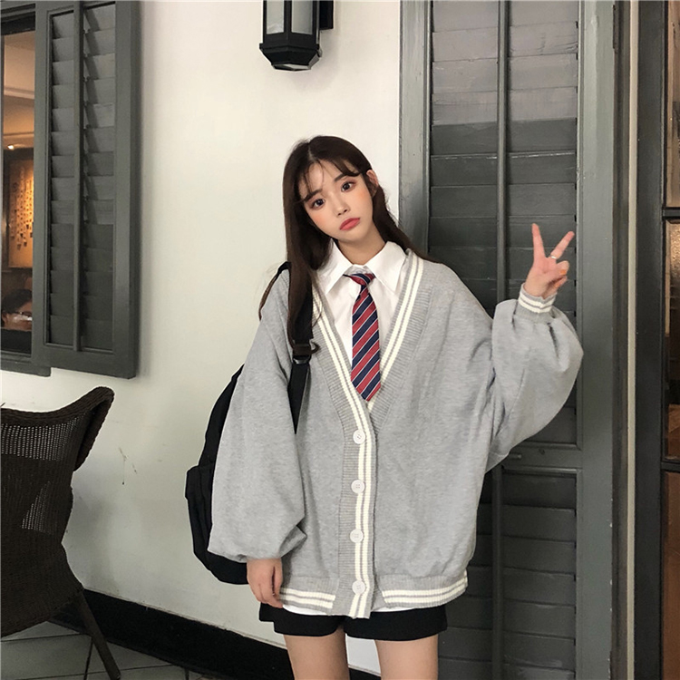 Spring Autumn Women Long Sleeve Knit Cardigan And Shirt V Neck Sweater Gray Drak Blue Coat Thicken Jk School Uniform Sweater Image
