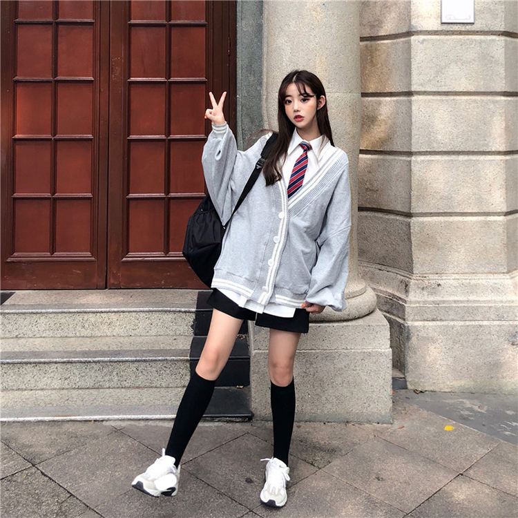 Spring Autumn Women Long Sleeve Knit Cardigan And Shirt V Neck Sweater Gray Drak Blue Coat Thicken Jk School Uniform Sweater Image