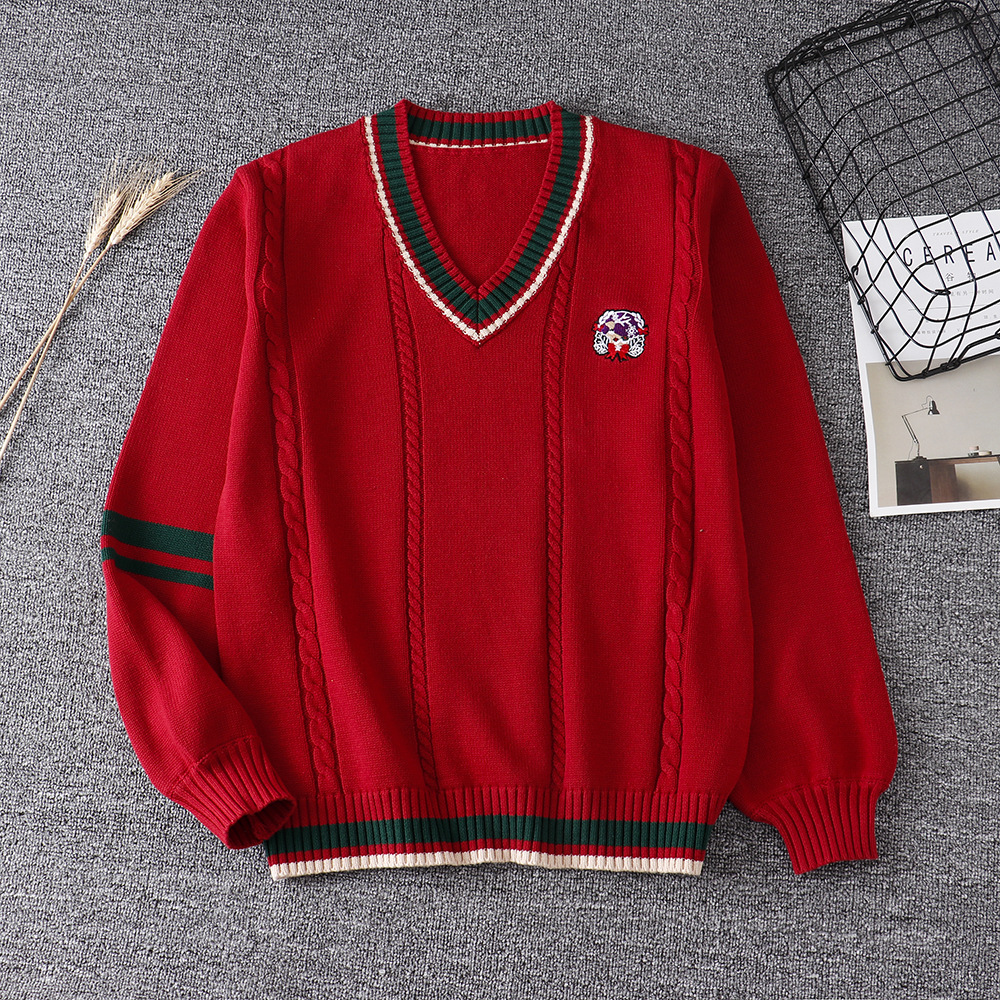 New S-XL Spring Autumn Women's Long Sleeve Stripes Knit Red Tops Pullovers V Neck Sweaters For Jk School Uniform Student Clothes Image
