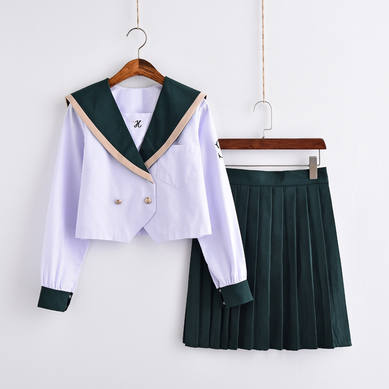 Green Japanese Jk School Uniform For Girls Embroideried Short Sleeve ...