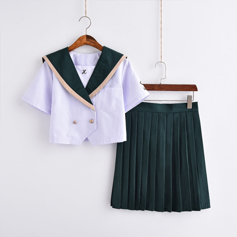Green Japanese Jk School Uniform For Girls Embroideried Short Sleeve ...