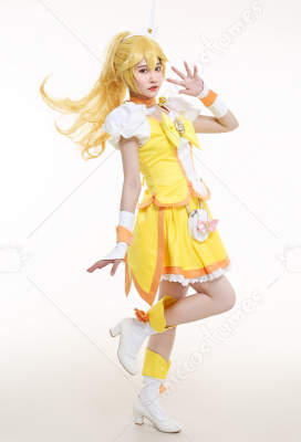 Pretty Cure! Glitter Force Cure Peace Glitter Peace Kise Yayoi Yellow Magenta Bow Top and Skirt Cosplay Costume Outfits with Waist Bag and Accessories - Cosplay Shop